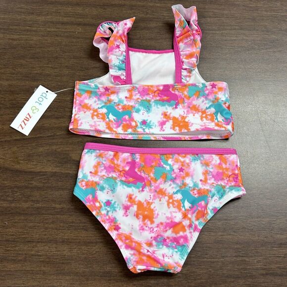 NEW Girls Sz 4 Unicorn Bathing Suit 2 PC dot & ZAZZ Swim Pink Orange Green - Picture 2 of 7